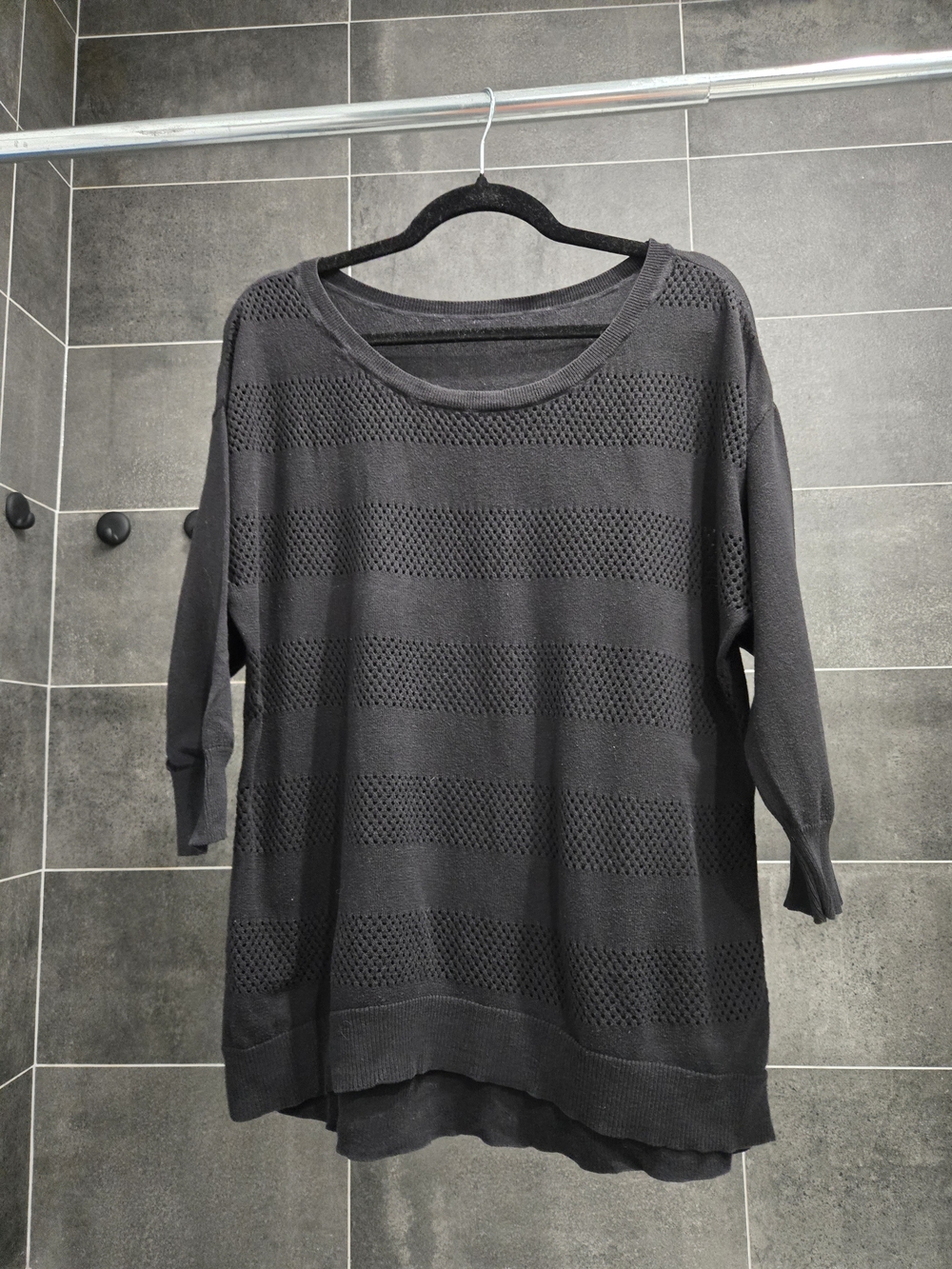 Women's Black Open-Knit Pullover Sweater